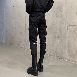 Slimming High Waist Womens Cargo Pants Spring Stylish Cuffed Casual Long Black Biker Style Thin Polyester Original Design