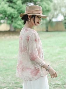 Pure Flax Womens Shirt with Button Design And Floral Print Lightweight Summer Fashion Traditional Chinese Style V-neck Top