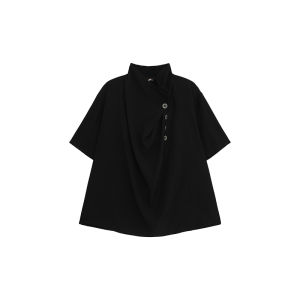 CuiBuju Chinese Style Loose Fit Casual Shirt Stand Collar Multi Button Design Breathable Comfortable Youth Fashion Summer Top