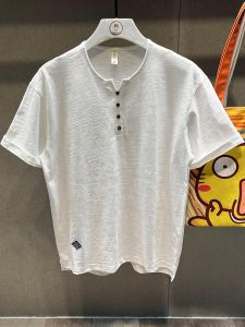 New Comfortable Breathable Bamboo Cotton White Short Sleeve T-Shirt Men Summer Trendy Loose Half Sleeve Fashionable Henry Shirt Men