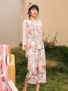 LUNILAI | Comfortable Silk Sleepwear For Women Casual Long Sleeve Home Clothes Pink Spring Season V-neck Two-piece Set Cool Feeling Pants