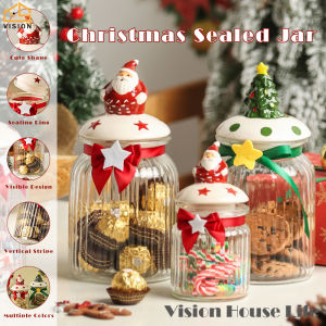 Vision 280ml/1000ml Airtight Glass Container with Ceramic Lid Festive Candy Jar Christmas Gifts Airtight Food Containers for Xmas Ribbed Glass Body with Adorable Santa Lid Clear Storage Box Snacks Nuts Jar