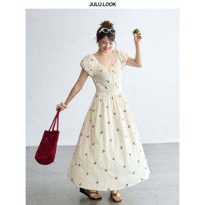 JULULOOK | Đầm In Hình Cổ U Tay Bồng Nơ Dành Cho Người Mập