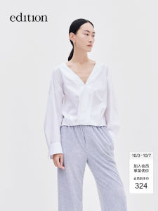 Edition Pure Cotton Romantic V-neck Short Shirt Womens Summer New Style Loose Fit French Style Top EBC2TOP032