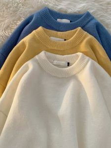 Pure Color round Neck Sweater Male Cleanfit Easiest for Match Couple Sweater Loose Japanese Style Retro Pullover Sweater Coat