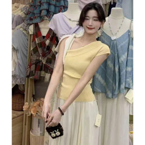 YUEZHONGWEI | French Butterfly Knot Short Sleeve T-Shirt Womens Slim Fit Summer Design Casual Top Irregular Shoulder Strap Red Color