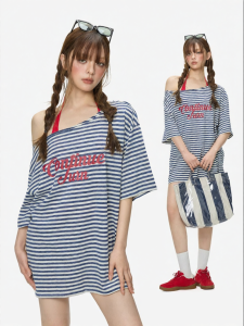 Turn Signal | Striped Off-Shoulder Tunic T-Shirt Loose