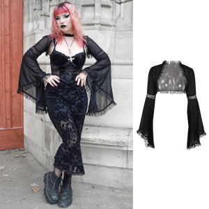 Ghost Yan Womens Team Singing Dark Goth French Clothing Lace Mesh Transparent Long Sleeves Blouse Bell Sleeve Short Coat for Women