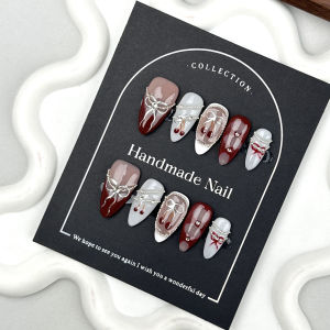 10 Móng Tay Giả Đính Sẵn Thủ Công Hình Hạnh Nhân Màu Đỏ Pha Lê Kiểu Pháp Thiết Kế Nơ Baroque Dùng Cho Tiệc Tùng