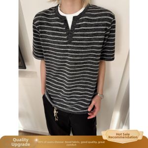 ZHUOCAN | Henley Collar Stripe Color Block Faux Layer T-Shirt Half Sleeve