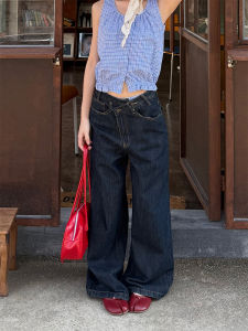 Don Cry American Retro Irregular Design Denim Jeans Womens Loose Wide Leg Pants Casual Washed Natural Waist Jeans