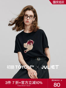 Initial round Neck Short Sleeve T-Shirt Womens Cotton Casual Top Cat Patchwork Embroidery Cartoon Anti-Aging Summer New Arrival