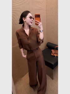 QFN | Premium Elegant Semi-mature Brown Long Sleeve Shirt and Wide-leg Trousers Set