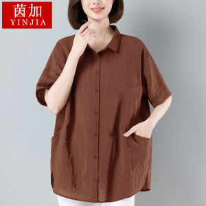Loose Cotton Linen Womens Shirt Summer New Style Mom Fashionable Short Sleeve Casual Large Size Shirt Polo Collar Single Button
