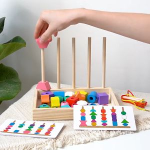 รูปทรงเรขาคณิตไม้ ชุดเสา 5 ชุด บล็อกตัวต่อ กล่องลูกปัด การรับรู้สี การรับรู้ทางประสาทสัมผัส การตรัสรู้ การรับรู้รูปร่าง ของเล่นเด็กวัยเตาะแตะ