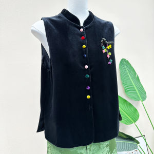 Velvet Embroidered Flower Jacket Womens Sleeveless Stand Collar Candy Button Vintage Style Commute Wear Regular Thickness