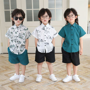 lontakids Summer Boys Chinese Ink Style Short Sleeve Button Down Shirt Suit Lapel Loose Shirt Childrens Clothing