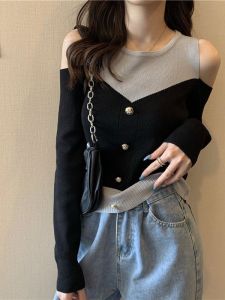 Soft Knitted Shoulder Bared Womens Pullover Shirt Trendy Splicing Design Korean Style Autumn New Fashion Gentle Touch