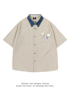 เสื้อเชิ้ตแขนสั้นลายสก็อตหลวมๆ ลำลอง MOISHE TIDE ดีไซน์ย้อนยุคสำหรับทั้งชายและหญิง ฤดูร้อน