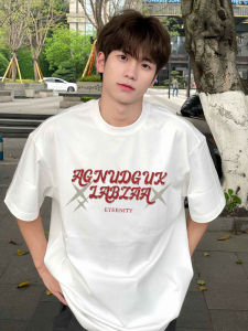 เสื้อยืดแขนสั้นคอตตอนแท้สีขาวสำหรับผู้ชาย ทรงหลวม ลำลอง สไตล์อเมริกัน ปิดด้วยซิป ปักตัวอักษร แฟชั่นฤดูร้อน