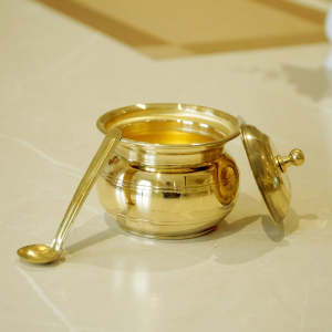 Brass Pure Made Ghee Pot Container With Lid Spoon Made High Quality