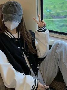 Casual Short Baseball Jacket Womens Fashionable American High Street Style Spring Autumn Versatile Small Size Polyester Zipper