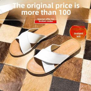 Large Size Real Leather Cross Buckle Sandals Slip-On Beach Shoes Women Summer Outdoor Flat Heel Breathable Comfortable Sandals