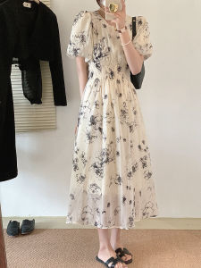 ชุดเดรสยาวผ้าชีฟองแขนพองพิมพ์ลายสไตล์ฝรั่งเศสเอวสูง ทรงเข้ารูป แขนพอง ชุดเดรสยาวผ้าชีฟองสไตล์วินเทจสำหรับฤดูร้อนปี 2025