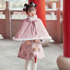 Pink Childrens Short Fleece Lined Coat Hanfu New Years Outfit Cape Girls Winter Outerwear No Brand Chinese Style Polyester Fiber