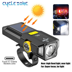 Solar Bike Front Light Zoomable Bicycle Flashlight Headlight Rechargeable Cycling Safety Warning Front Lamp for Night Riding