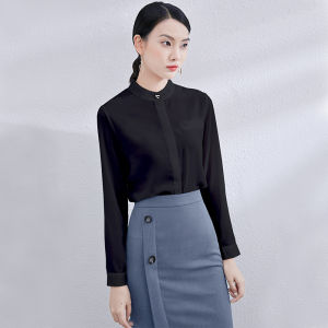 Professional Suit Shirt Formal Office Commute Workwear Long Sleeve Pure Color Polyester OL Style Stand Collar Multi-Buckled