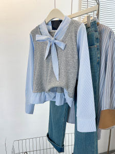 Elegant French Style Striped Shirt with Butterfly Knot Tie Long Sleeve Womens Fashionable Fake Two-Piece Polyester Blend