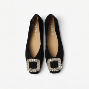 MIOLLIBARN | Black Soft Waterdrill Suede Square Toe Flat Shoes