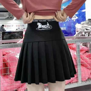 กระโปรงจีบเอวสูงทรงเอสีดำ กระโปรงสั้นทรงเข้ารูปป้องกันการโชว์เนื้อ กระโปรงสั้นฤดูใบไม้ผลิ ฤดูร้อน ฤดูใบไม้ร่วง ฤดูหนาว สำหรับผู้หญิง