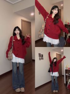 Warm Knitted Sweater Coat Womens Autumn Winter Christmas Atmosphere Loose Style Korean Version Long Sleeve Polo Collar Top