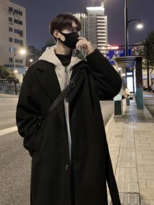 Korean Style Mens Mid-Length Thickened Woolen Coat Over-Knee Hooded Windbreaker Outerwear Winter Warm Polyester Fiber