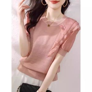 WANGGONGZHU | Sweet Short Sleeve T-Shirt Womens Summer Anti-Aging Design Sense Splicing Fashion Lace Collar Top Princess Style Korean Loose Fit