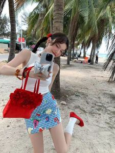 Blue Plaid Fruit Print Halter Neck Mini Dress High Waist Bodycon A-Line Skirt Womens Fashion Summer 2025 Sweet Spicy Girl