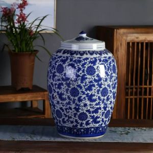 Ceramic rice dispenser 10kg 25kilos 50kg Big Blue and white porcelain jar with cover rice food  storage container  airtight  kitchen canisters jars rice box rice bucket Moisture-proof and insect-proof