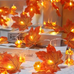 59in/118in Halloween Pumpkin Maple Leaves String Lights 10/20LED Battery Powered Fairy Lamps Home Thanksgiving Room Party Decor