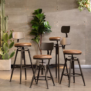Rotating Adjustable Height Vintage Industrial Wood Iron Chair