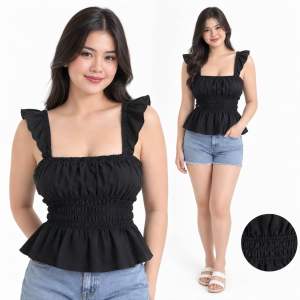Destiny Top Small-2XL Premium quality cotton linen garterized strap waist chic elegant comfortable preppy minimalist korean basic boho summer Womenswear Casual Check Clothes Day Fit Loose Medium Smocked Style Lingerie Fabric Black Cute Short Suits