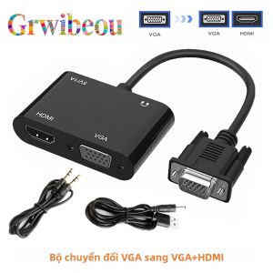 Bộ Chuyển Đổi Tương Thích VGA Sang VGA + HDMI Với Bộ Chuyển Đổi Âm Thanh 35mm Bộ Chia Màn Hình Kép Cho Máy Chiếu PC Bộ Chuyển Đổi Âm Thanh Video Đa Cổng