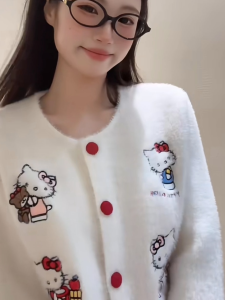 Áo Len Cardigan Dệt Kim Màu Trắng Kitty Cho Nữ Dáng Rộng Thoải Mái Phong Cách Hàn Quốc Đầu Thu 2025 Áo Khoác Ngoài Mềm Mại
