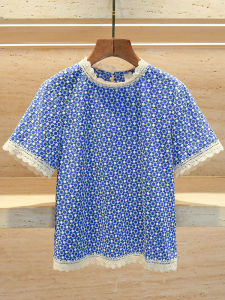 Elegant Hollow out Lace Trim Printed Shirt T-Shirt Top for Women Summer Casual Loose Fit round Neck Short Sleeve AL1996