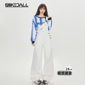 American Style Loose Casual White Denim Overalls Womens Fashion Straight Leg Wide Pants Autumn New Arrival Anti-Aging