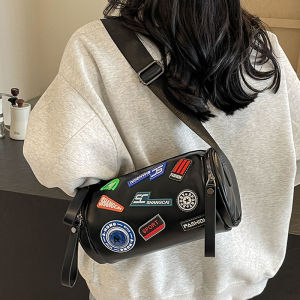 Trendy round Cylinder Crossbody Bag for Women Casual Versatile Shoulder Bag Street Style Sport Bag Sweet Lady Pure Color