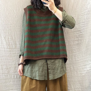 Áo Len Dệt Kim Ngắn Kẻ Sọc Cổ Tròn Thường Ngày Rộng Rãi Cỡ Lớn Thời Trang Mùa Xuân Phong Cách Retro Lười Biếng Cho Nữ