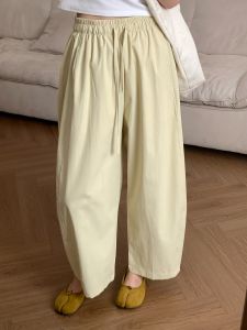 High Waist Wide Leg Knife Pants Womens Elastic Waist Casual Trousers Korean Style Cotton Comfortable Slimming Nine Points