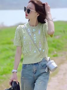 2024 Summer New Womens Knitwear Fashion Slim Fit Bubble Sleeve Pullover Low Round Neck Polyester Work Clothing Short Length